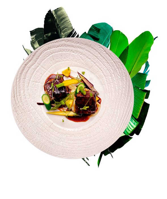 Gourmet wedding banquet dish on banana leaf